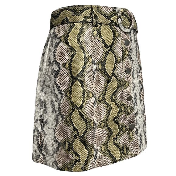 Pleather Mini Skirt Snakeskin Look Le Lis Button Front Belted Green Size Small - Picture 5 of 9